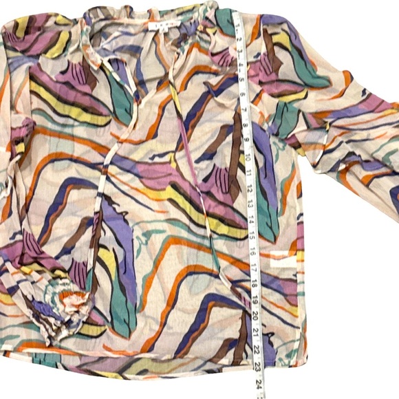 THML Abstract Multicolor Sheer Ruffle Blouse Tie Neck Long Sleeve Women’s Small - Picture 7 of 8